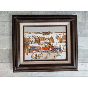 Vintage Framed Winter Village Train Scene Signed Canvas Art By R. Smith 16"x13"